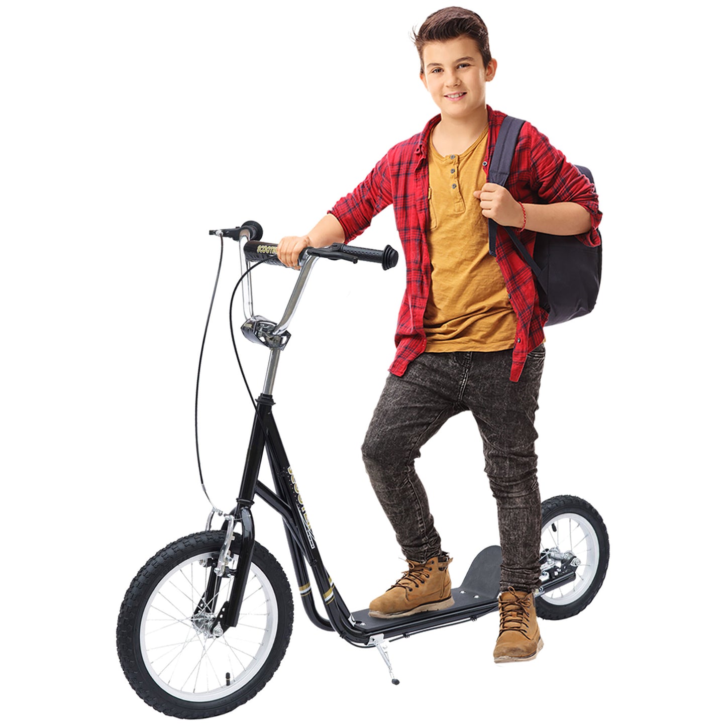 Kids Scooter, Teen Kick Scooter With Rubber Wheels, 16" Front Wheel, Height Adjustable Handlebar, Dual Brakes, Kick Stand, For 5+ Years, Black