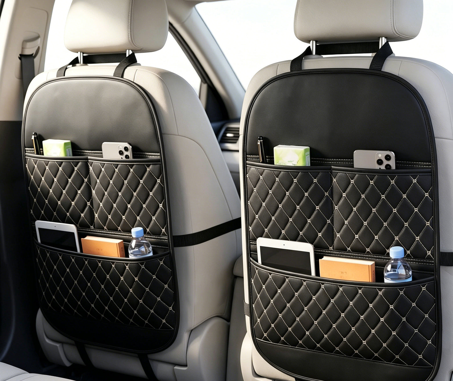 Universal Multi-Functional Car Leather Storage Organizer, Kids Seat Back Kick Mat, Car Rear Seat Hanging Storage Bag, Auto Interior Accessories