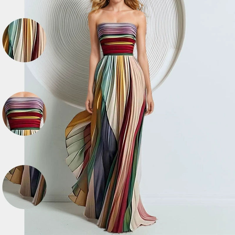 Women's Sexy Elegant Strapless Printed Colorful Long Maxi Dress Evening Party Dress