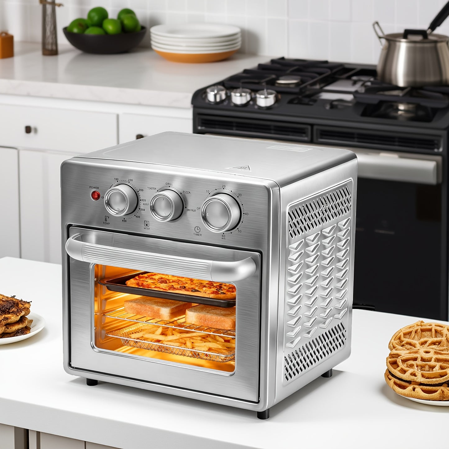 Four combiné friteuse à air chaud 64 L, four de comptoir, 5 fonctions, 4 accessoires, inox