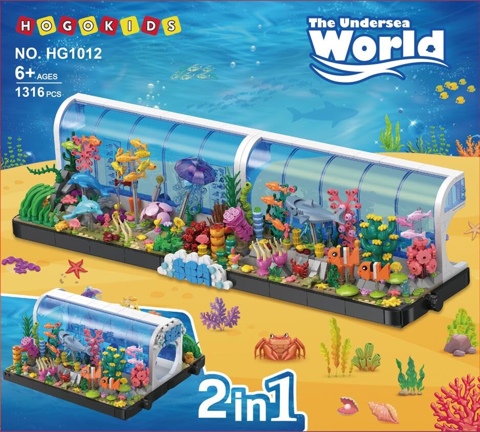 HOGOKIDS Aquarium Building Set - 2 Styles Oceanarium Construction Toy For Kids And Adults, Rotatable Underwater Tank Includes Dolphins, Crab, Fish, Jellyfish And Sea Animals