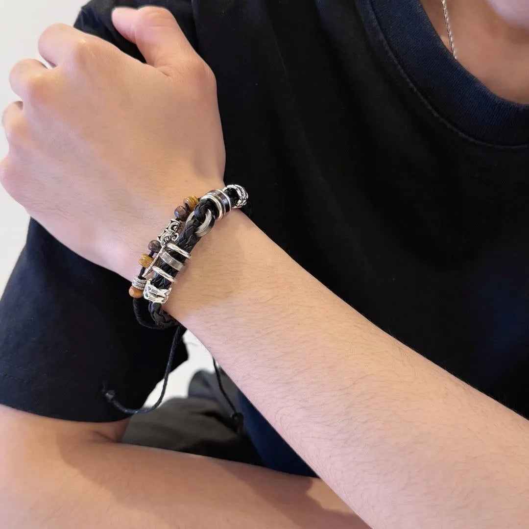 Bracelet Double Cuir Tressé Perles Bois Charm Feuille - Bohème
