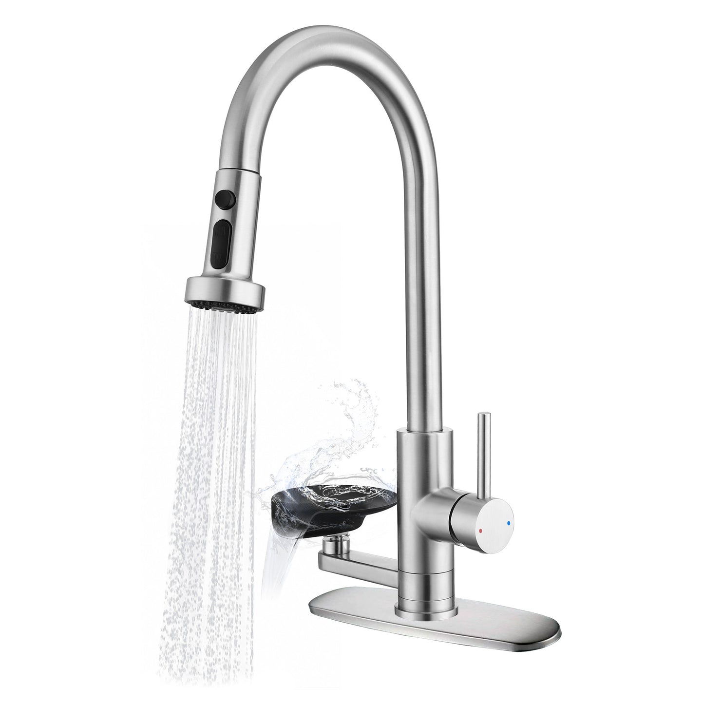 3-in-1 Kitchen Faucet With Press-Type Glass Rinser, High-Arc Pull-Down Sprayer Faucet, 3 Function Spray Mode, Brushed Nickel Finish, For Modern Kitchen Sink