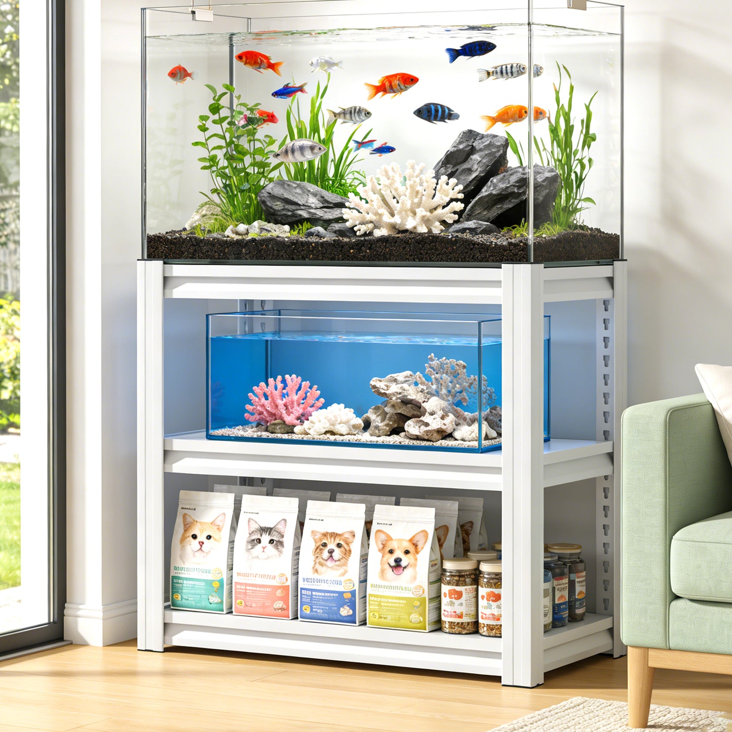 20-30 Gallon Fish Tank Stand - Metal Aquarium Stand, 34 W X 18 D X 31H Adjustable Heavy Duty Reptile Tank Stand, Adjustable 3-Tier Fish Tank Rack Shelf For Home Office, Tank Not Included