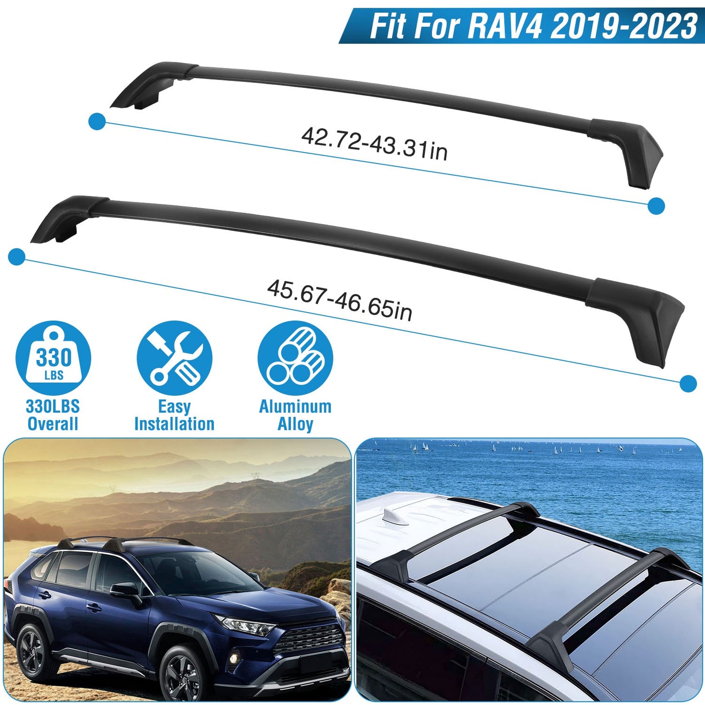 Car Roof Rack Cross Bars Aluminum Alloy Cargo Carrier Rooftop Crossbars Fit For RAV4 2019-2024 With Side Rails For Cargo Carrier Bag Kayak Bike Snowboard