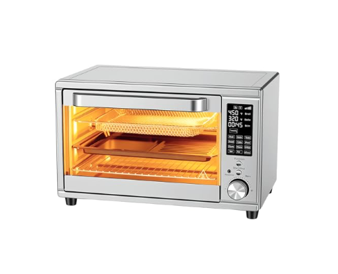 The Air Fryer And Grill Combination Unit Has 12 Functions, Comes With 7 Accessories, Is Made Of Stainless Steel, And Can Be Heated Up To 450 F