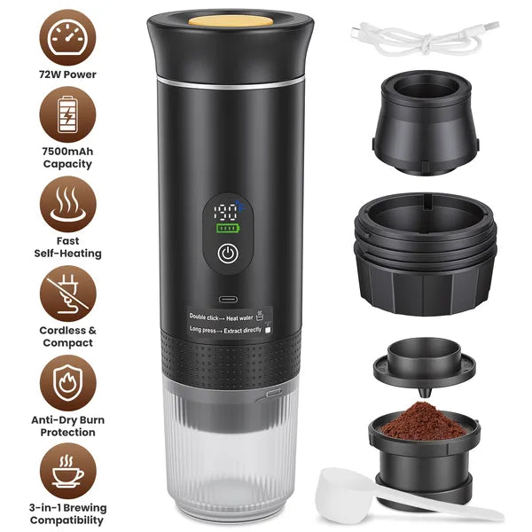 3-in-1 Portable Espresso Machine Cordless Self-Heating Coffee Maker With 7500mAh Battery 20Bar Pressure Anti-Dry Burn Fit For Ground Coffee&NS&DG Capsules For Camping Hiking RV Home Office