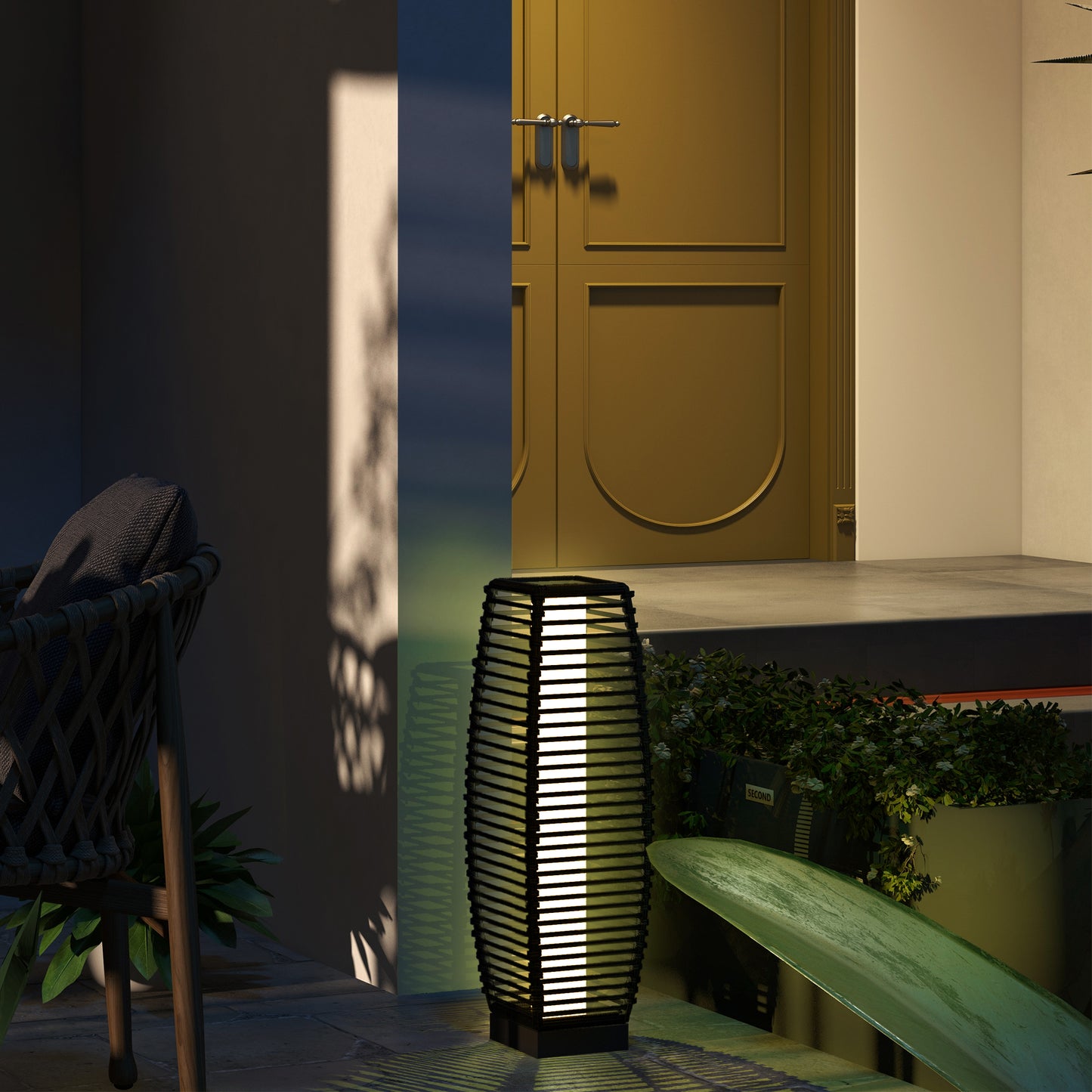Lampadaire solaire d'extérieur, lanterne de jardin en rotin pour allée, noir