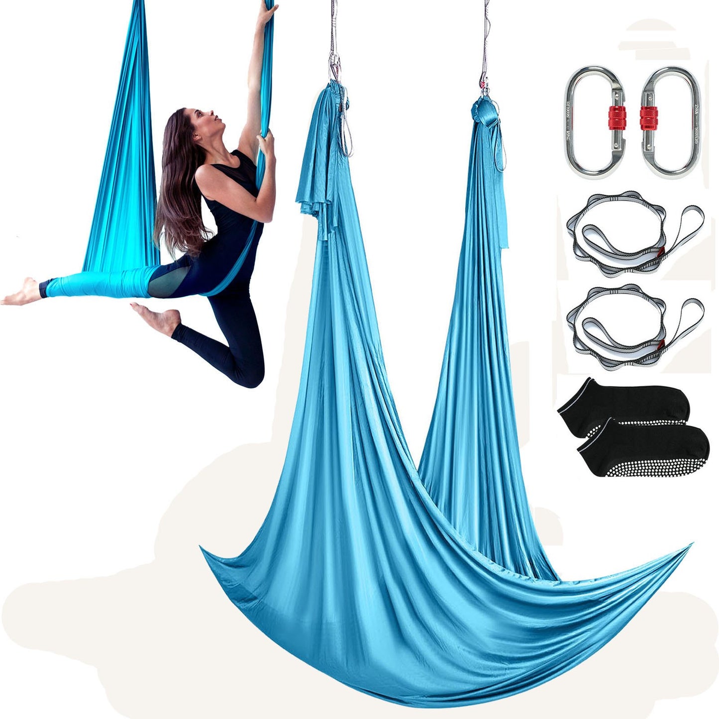 Aerial Yoga Hängematte Set 5 X 2,8 M, Blau Aerial Yoga Swing Air Fliegen, Yoga-Schaukel Hammock Swing 1000 Kg Max. Tragfähigkeit, Inkl. Yoga-Socken & Stahlkarabiner, Anti-Gravity-Übungen