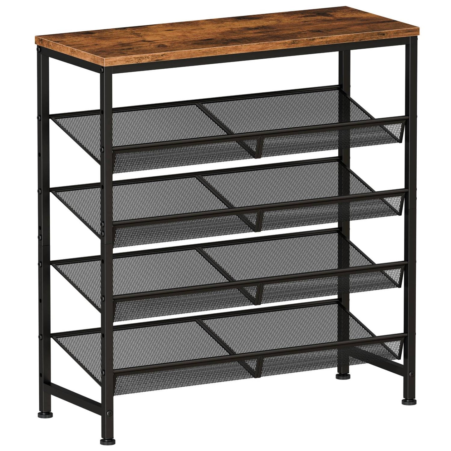 5 Tier Wood Top Shoe Rack, Industrial Storage For Entryway, Small Space Shoe Org