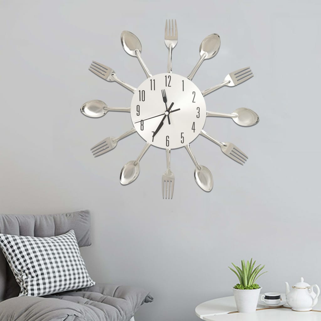 wall clock with spoon and fork design, silver, 31 cm, aluminum