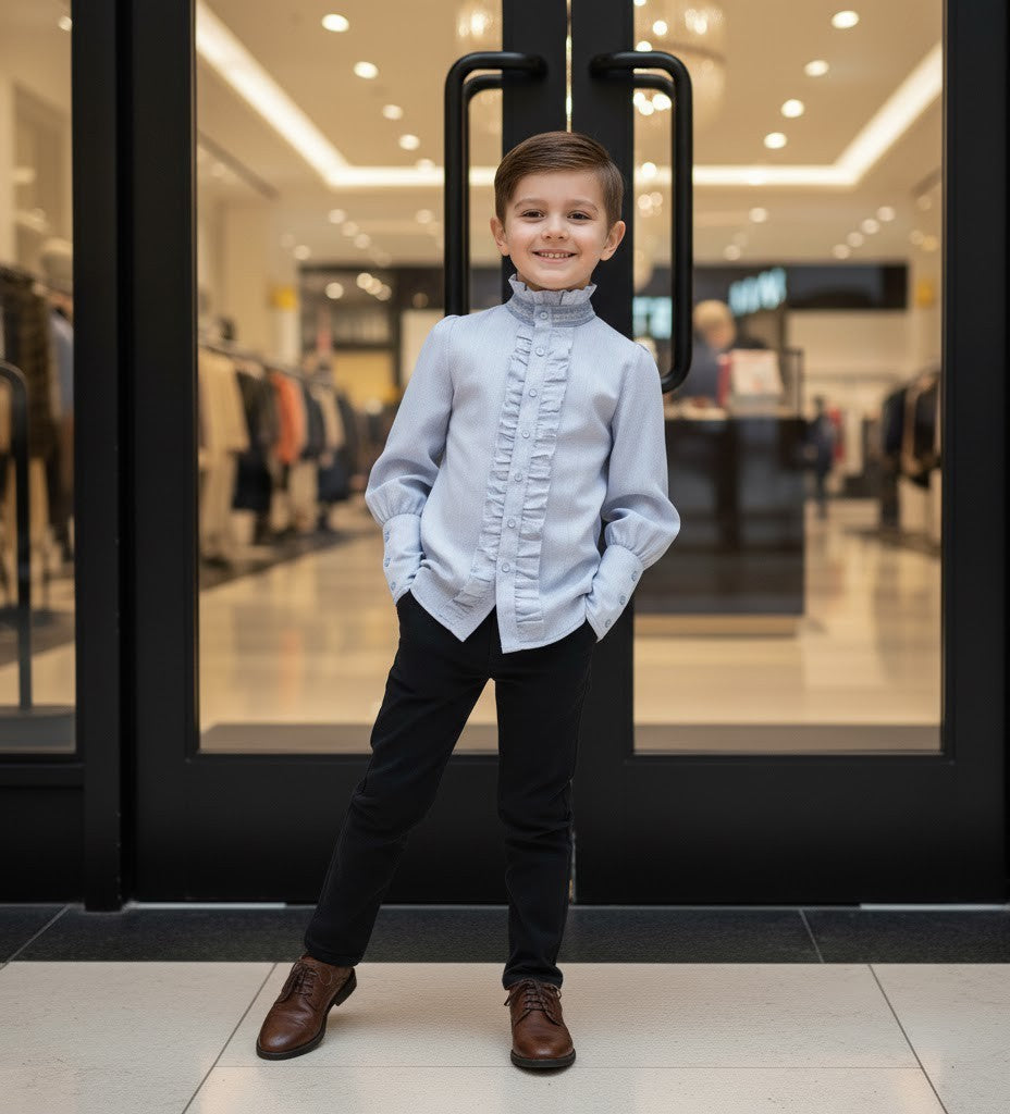 Boys Cotton Shirt Long Sleeve Formal Casual Top Blue Grey Kids 3-14Y
