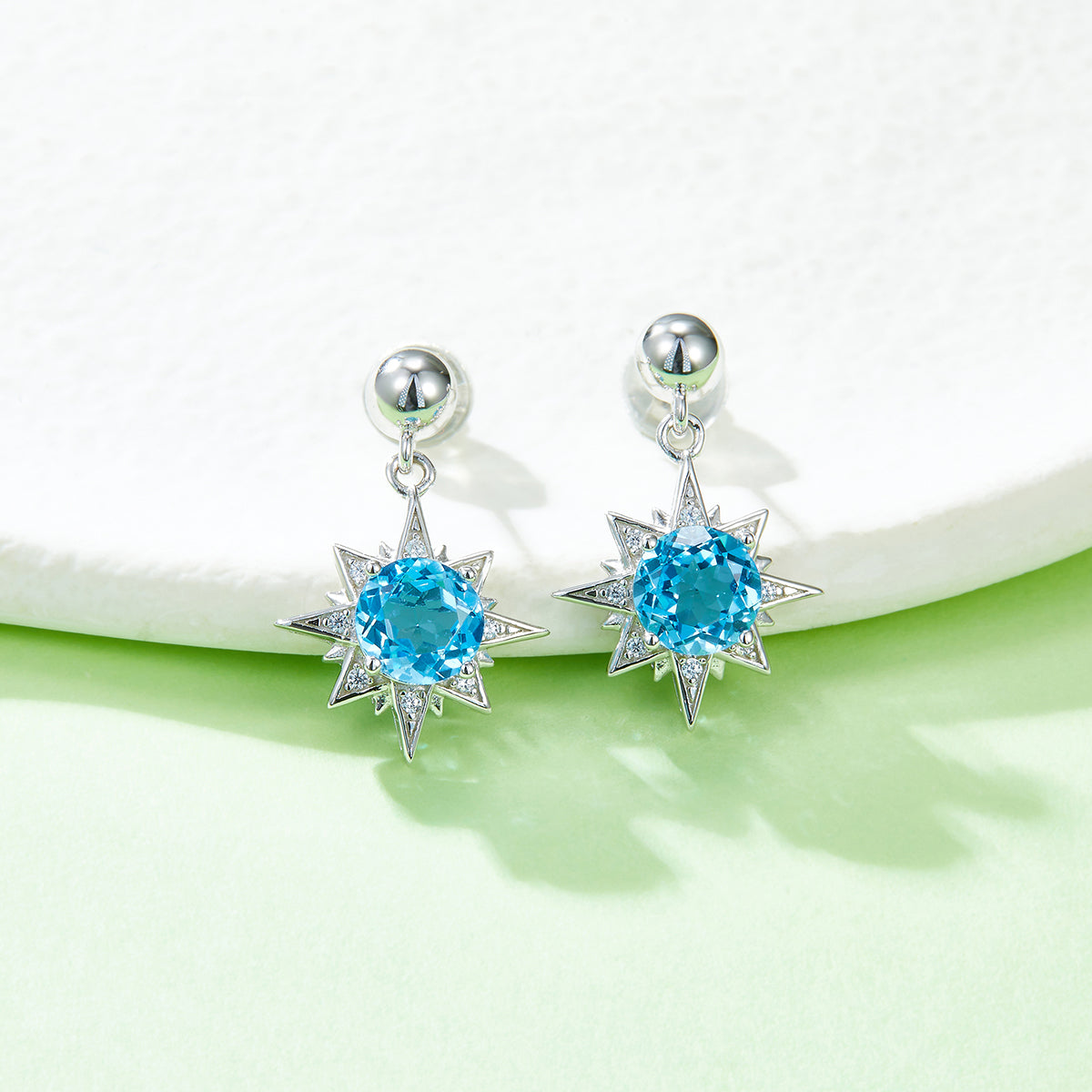 Boucles d'Oreilles Pendantes Argent S925 Étoile - Cristal Bleu 6mm