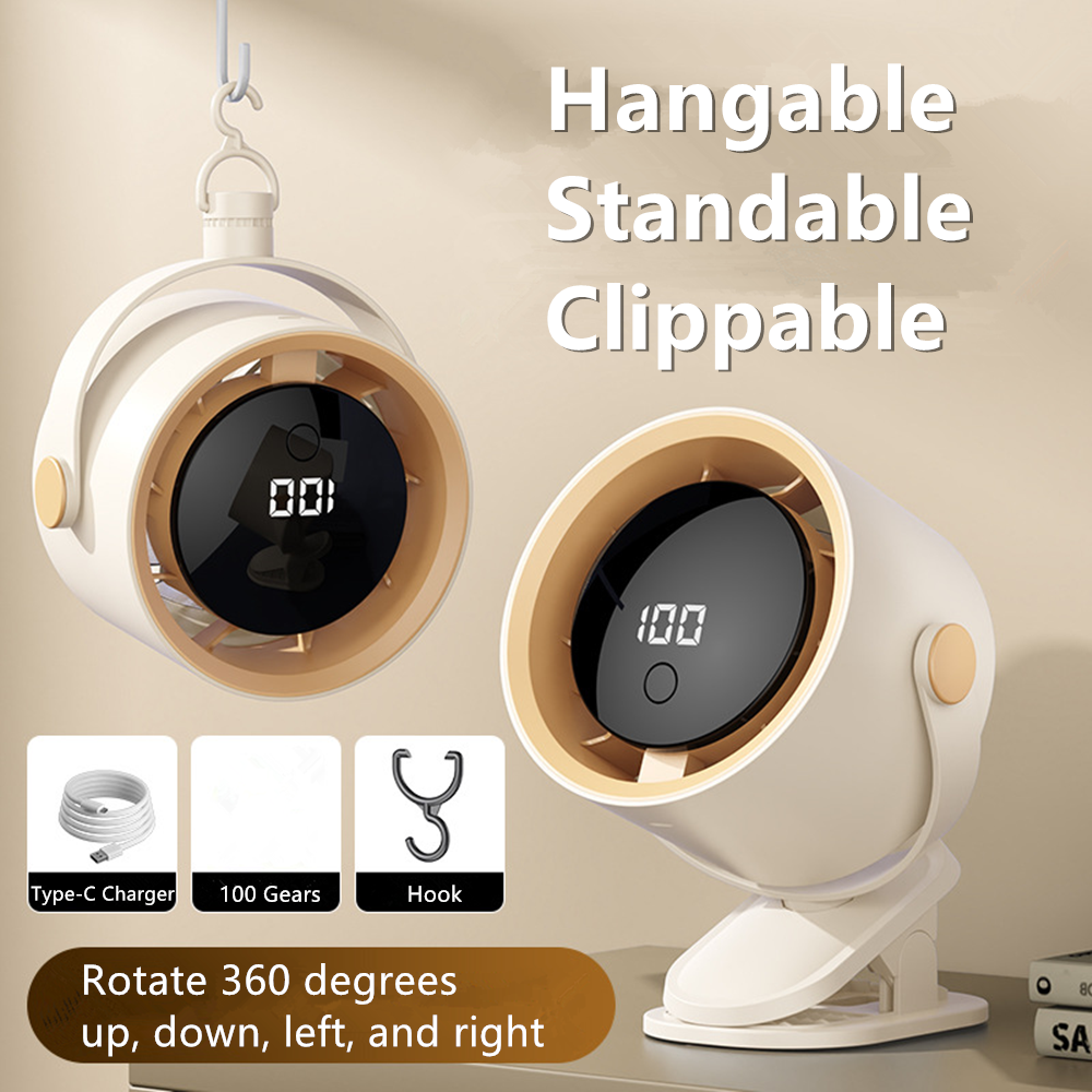 Ventilateur de camping 4 en 1 rechargeable USB, pliable, à clip, rotation 360°, avec LED