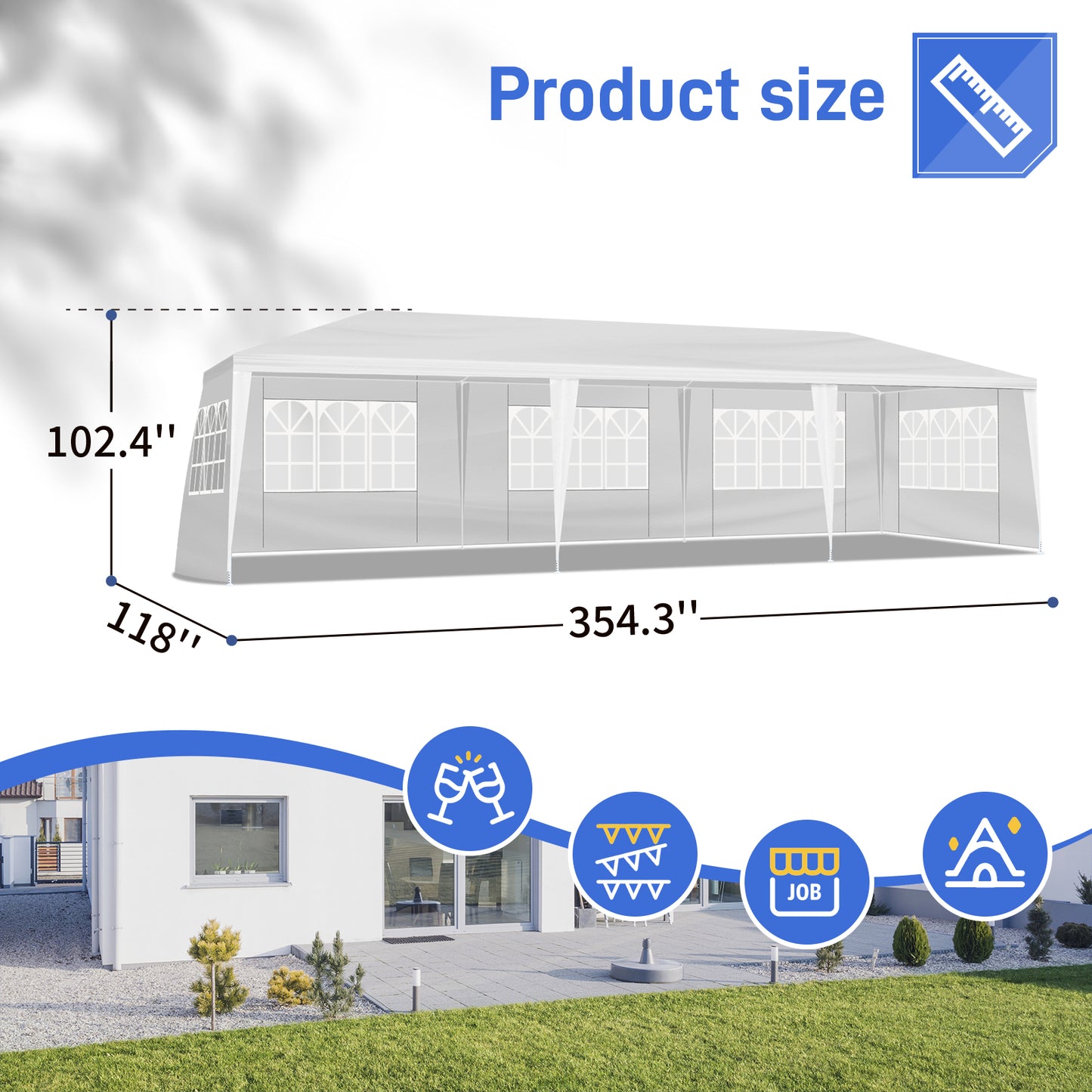 10x30ft White Outdoor Wedding Tent With 8 Removable Sidewalls & Windows, Iron Frame PE Cover, Waterproof Party Canopy Gazebo For Events