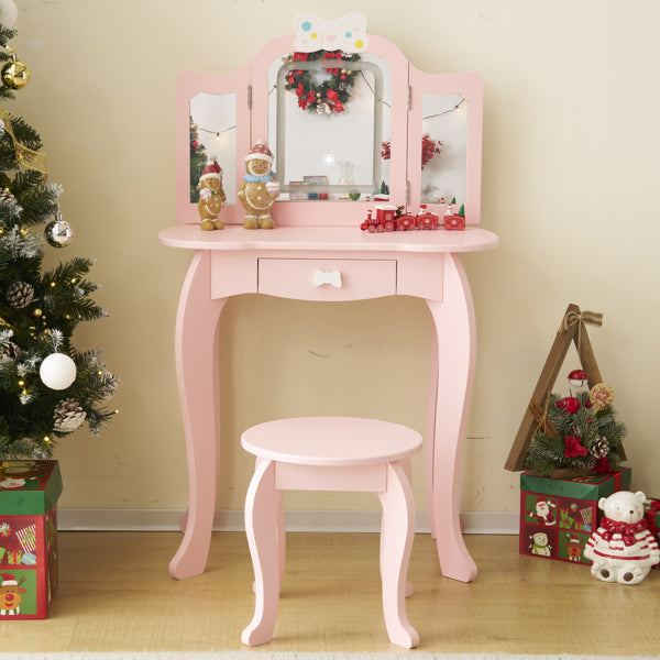 Kids Vanity Table And Chair Set, 2-in-1 Girls Vanity With Tri-Folding Mirror & 3-Color LED Lights, 1 Drawer, Pretend Play Makeup Dressing Princess Table For Toddlers, Pink