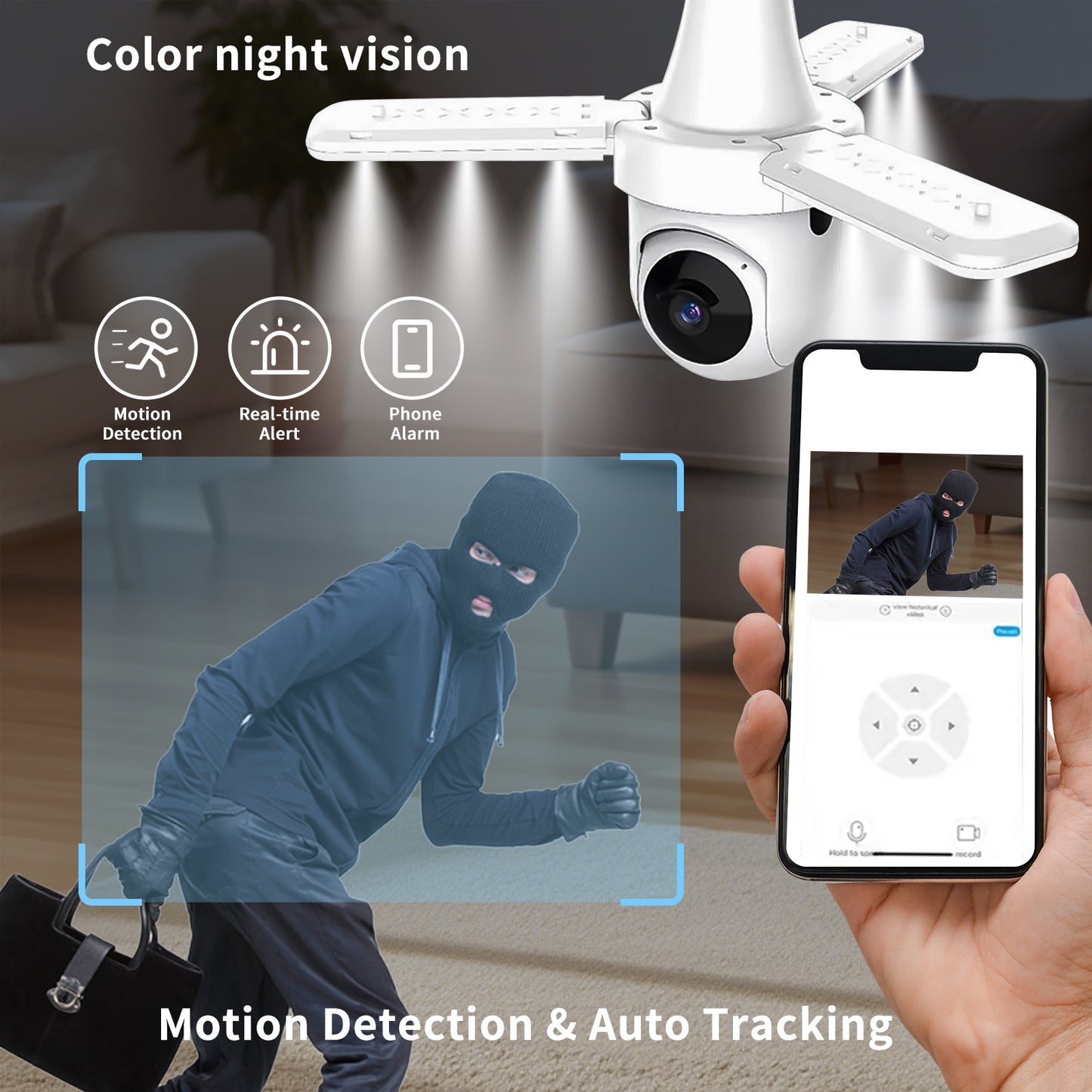 3 - Leaf Fan Light Bulb Security Camera, 1080P HD WiFi Remote Monitor, Easy Inst