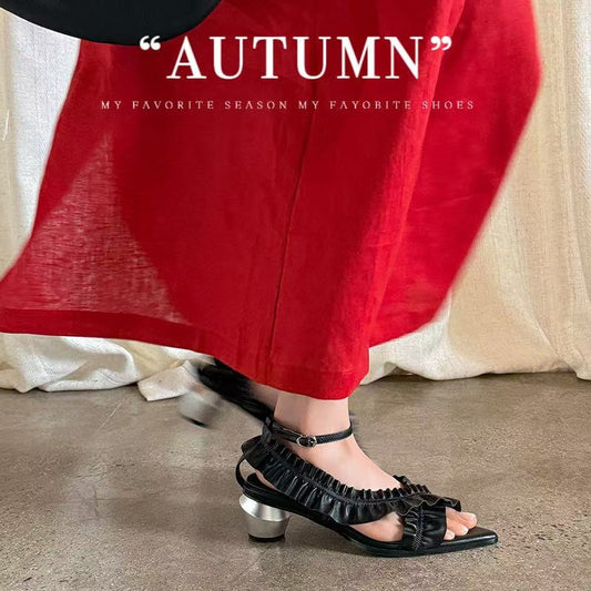 Women's Handmade Full - Grain Leather Ruffled Pointed - Toe Block Heel Sandals