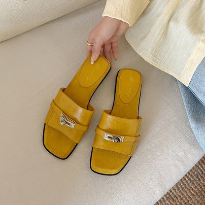 Women's Handmade Full - Grain Leather Slide Sandals, Metal Buckle Open - Toe Fla