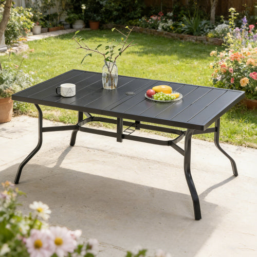 Outdoor Dining Table For 6, Powder-Coated Steel Slat Top With 2.16in Umbrella Hole, Anti-Slip Pads, E-Coating Frame, All-Weather Black Patio Table For Garden, Poolside, Backyard