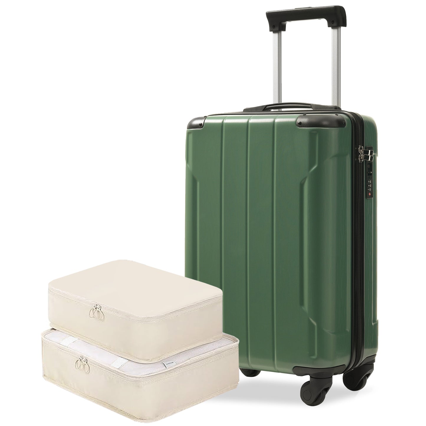 Valise cabine rigide ABS 20 pouces, roues pivotantes, serrure TSA, 2 cubes, vert