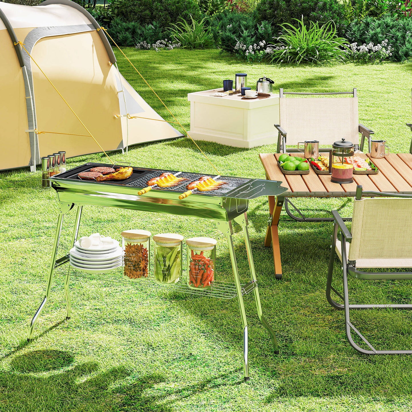 Charcoal Barbecue Grill Stainless Steel Portable Folding Charcoal BBQ Grill Stainless Steel Camp Picnic Cooker