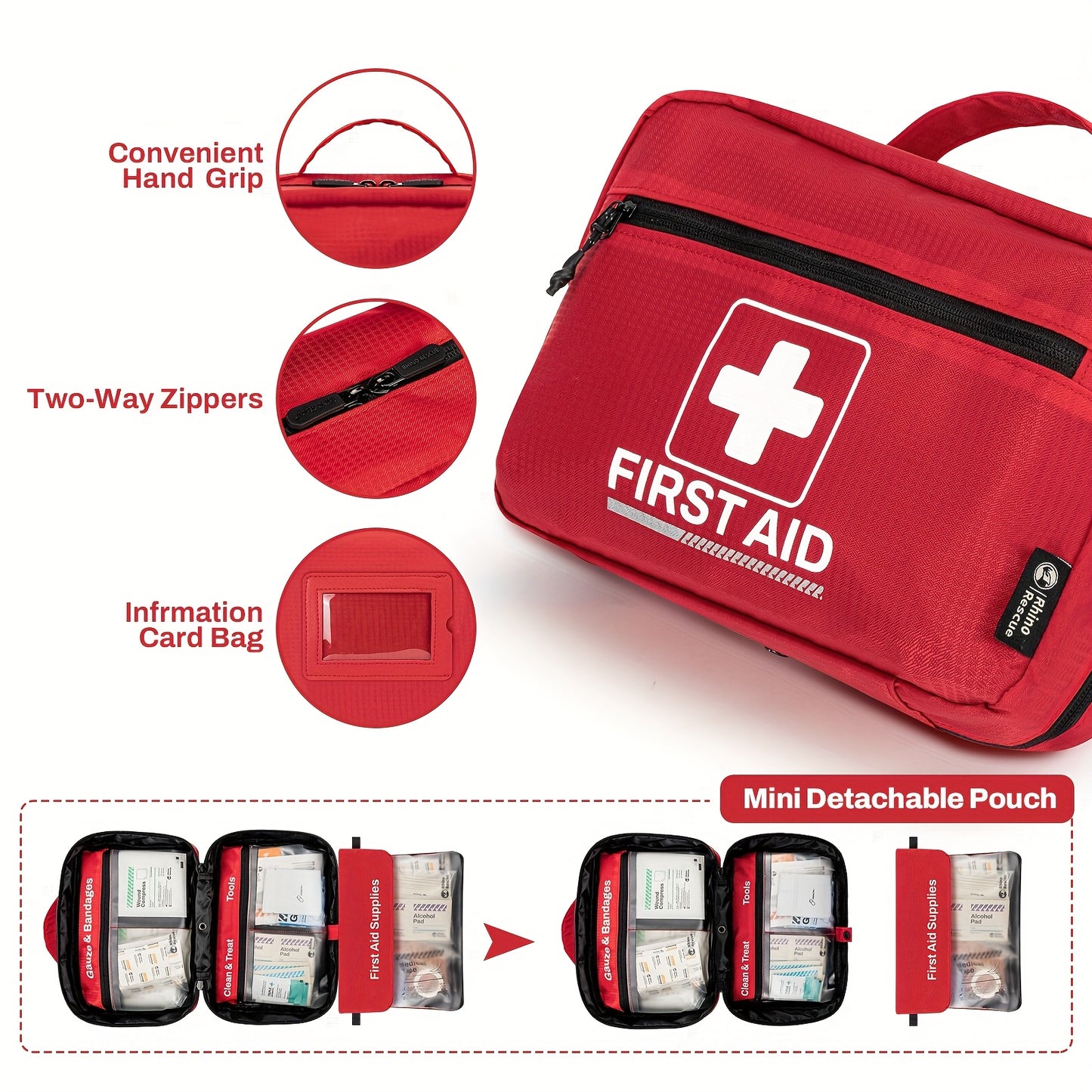 RHINO RESCUTE 240pcs All-in-One First Aid Kit with Portable Case, CPR Mask, Bandages, Gauze Pads, Ice Pack & Splinting Supplies - Heavy-Duty Medical Emergency Kit for Home, School, Office, Camping,, Car & Workplace