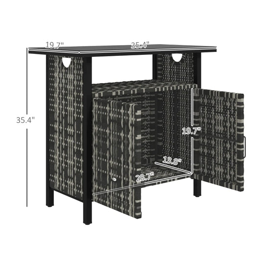 Outdoor Pool Towel Storage Cabinet Organizer, Outdoor Bar Table With Shelf And Cabinet, Pool Towel Holder Pool Valet With Weather-Resistant PE Rattan And Steel Frame, Mixed-Gray