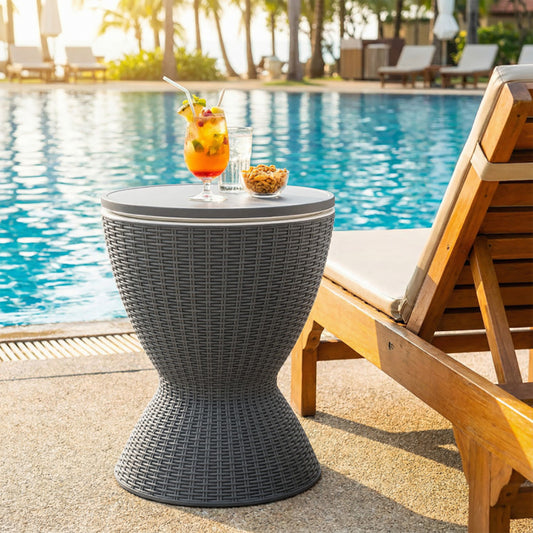 3 Pieces Outdoor Rattan Bar Table With Extendable Tabletop 8 Gal Capacity For A Pool Party, Barbecue, Camping, Etc