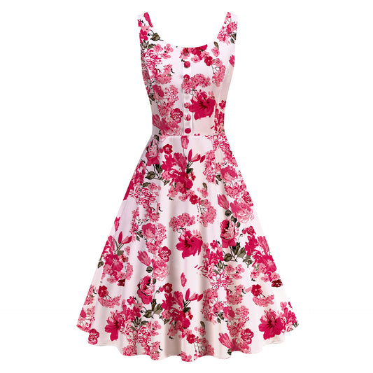 Vintage Prom Party Sleeveless Summer Printed Button A-Line Dress