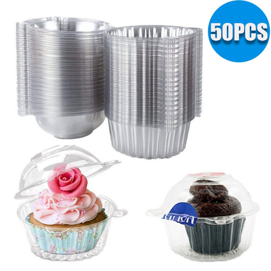 50Pc Plastic Cupcake Muffin Single Cup Cake Holders Boxes Pods Domes Cases Clear