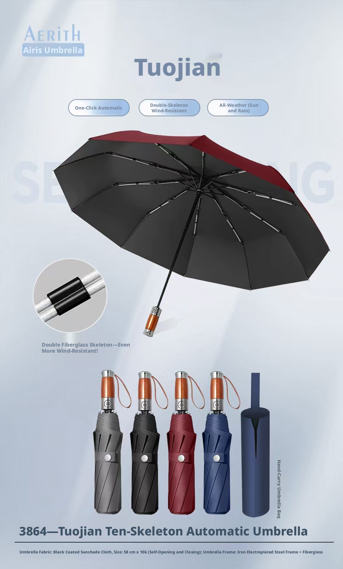 Business automatic umbrella-ten bones-black-hit black tape + glass fiber iron bones-1