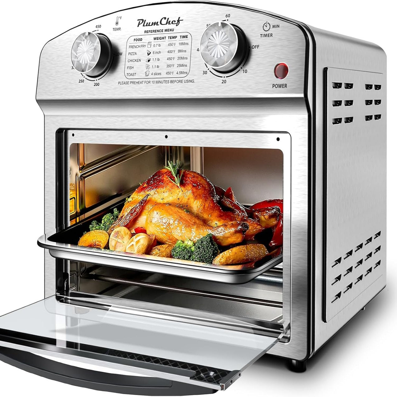 Friteuse à air 12,5 L en inox, double molette, minuterie 60 min, préréglages frites pizza poulet poisson toast