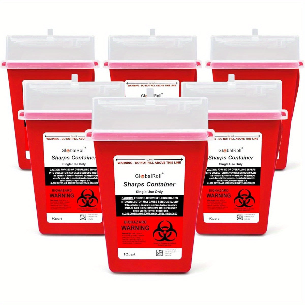 6 Pack GlobalRoll 1 Quart Sharps Containers - Biohazard Needle & Syringe Disposal Containers with Safety Lock, Red/Black Design for Home, Travel, Medical Use - OSHA & FDA Compliant, Sleek Oval Container, Secure Lid Closure, H