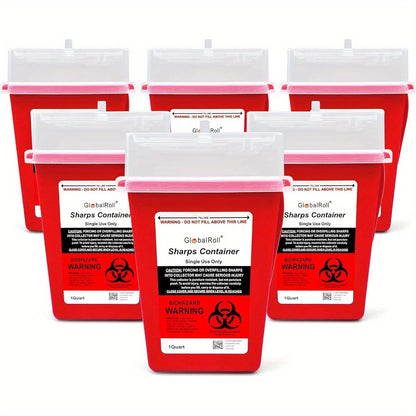 6 Pack GlobalRoll 1 Quart Sharps Containers - Biohazard Needle & Syringe Disposal Containers with Safety Lock, Red/Black Design for Home, Travel, Medical Use - OSHA & FDA Compliant, Sleek Oval Container, Secure Lid Closure, H