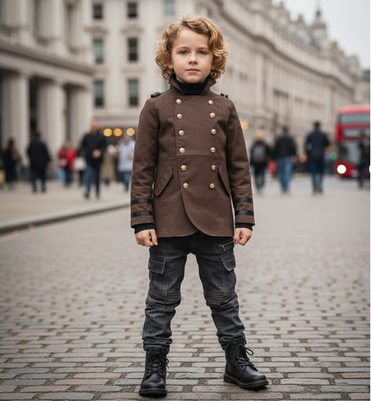 Boys Formal Uniform Trench Coat Kids Vintage Military Style Cotton Jacket 3-9Y