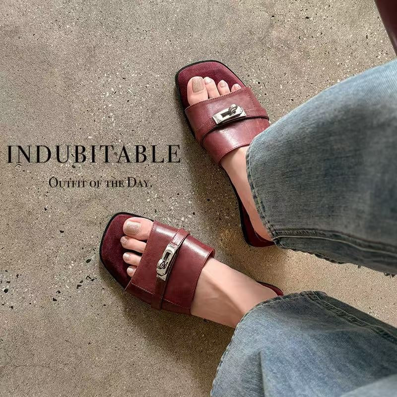 Women's Handmade Full - Grain Leather Slide Sandals, Metal Buckle Open - Toe Fla