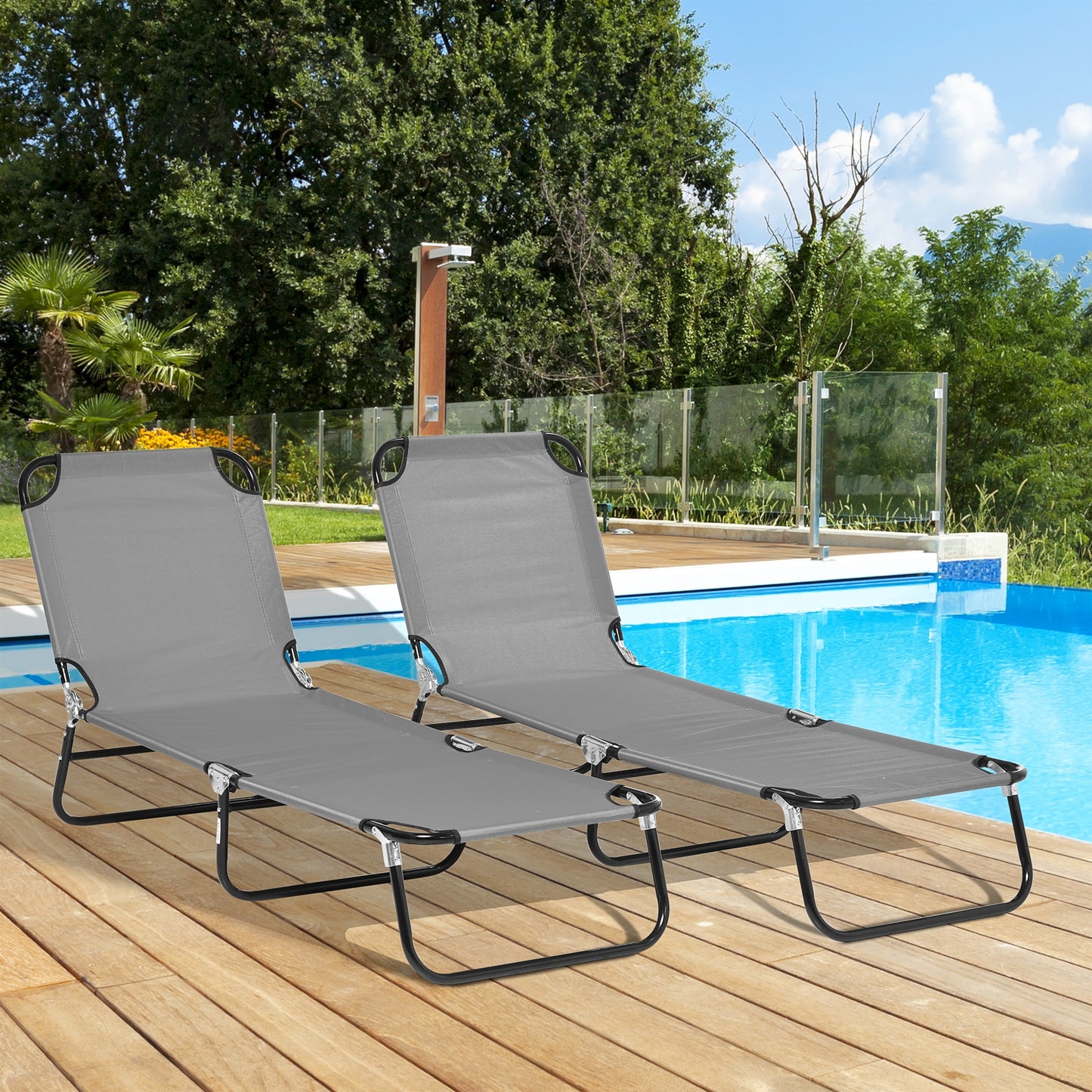 2 Pieces Pool Chaise Lounge Chairs, Folding Lounge Chairs With 5-Level Reclining Back, Steel Frame, Dark Gray
