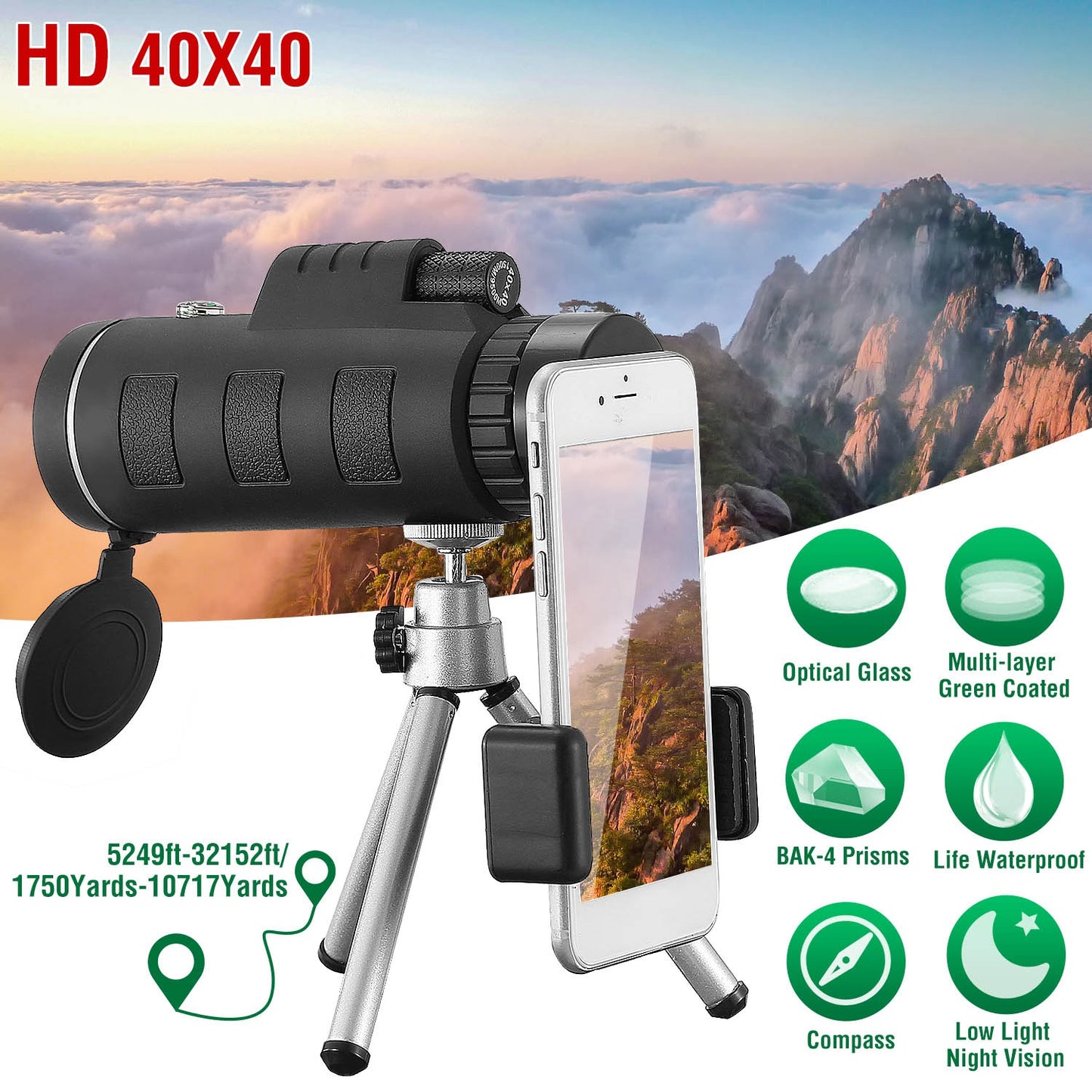 1Pc 40 Plus 40 HD Optical Monocular Telescope With FMC Lens For Outdoor Low Light Vision Scope Phone Holder Tripod Compass For Bird Watching Hunting Camping Hiking Sport Event