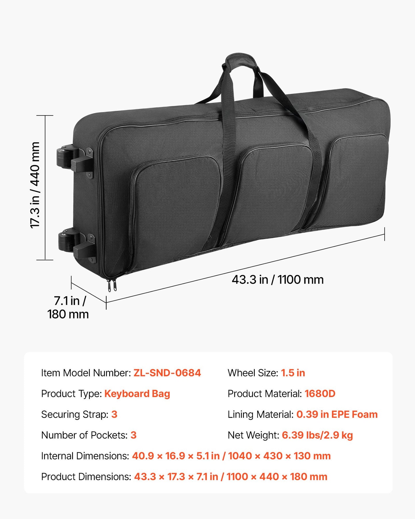 61 Key Keyboard Case, 40.9 X 16.9 X 5.1 In Interior, Padded Rolling Piano Case With Wheels, Sturdy Handle, 3-Pocket Storage, Gig Bag With Smooth Wheels, For 88 Note Keyboards And Electric Pianos