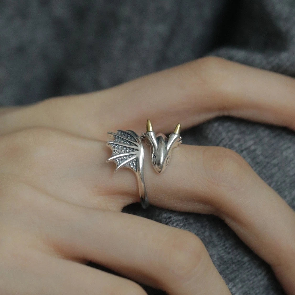 Bague Ouverte Aile de Dragon Bicolore - Style Punk Gothique