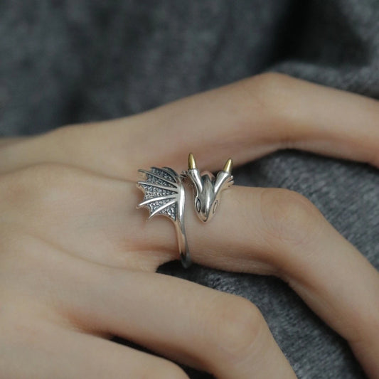 Bague Ouverte Aile de Dragon Bicolore - Style Punk Gothique