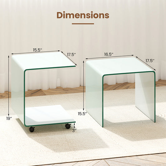 C Shaped End Table Modern Tempered Glass Side Table With Shelf With 4 Swivel Lockable Wheels  Coffee Table, Snack Table, Sofa Table, Laptop Table