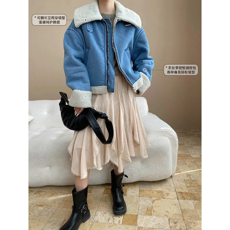 Street Style Warm Faux Shearling Fur-and-Leather Reversible Lapel Denim Jacket