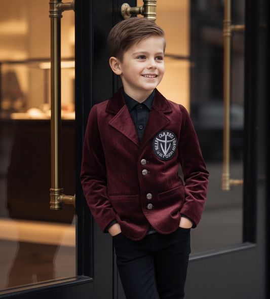 Boy Formal Suit Birthday Party Jacket Velvet Blazer Wine Red 3-7y Slim Fit