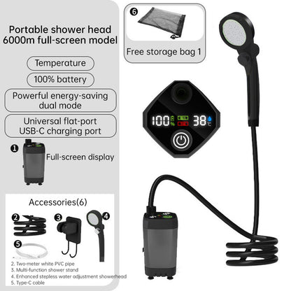Camping & Hiking Portable Shower - 6000mAh Rechargeable, Full-Screen Digital Display