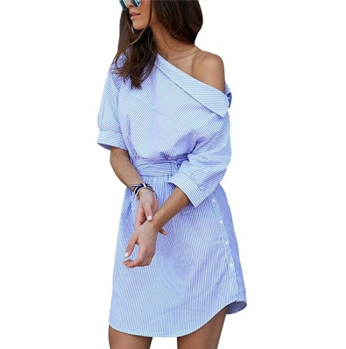 Sexy Elegant Half Sleeve Blue Striped Women Shirt Dress