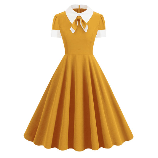 1950s Vintage Collared Bow Tie Swing Dress, Retro Cocktail Party Dress