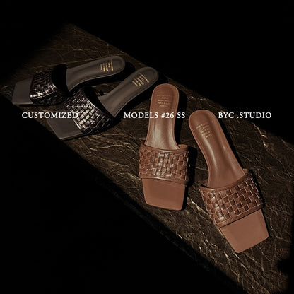 Women's Handmade Full - Grain Leather Woven Kitten Heel Slides, Square Toe Sheep