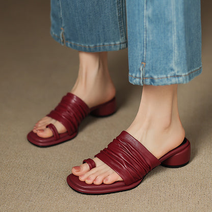Women's Handmade Genuine Sheepskin Ruched Toe - Loop Block Heel Mules, Square